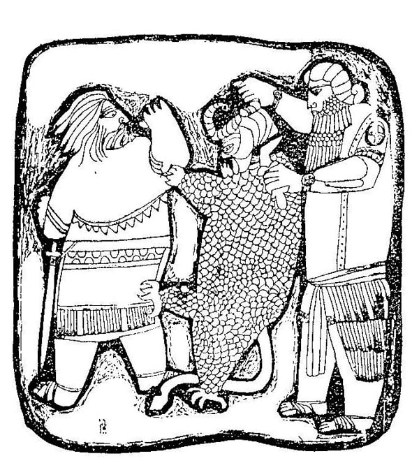 تصویر شماره ۱۱: گیلگمش و انکیدو ؛ تفاوت آرایش مو و ریش گیلگمش و انکیدو و استفاده از دستبند سلطنتی برای گیلگمش در تصویرسازی ممیز