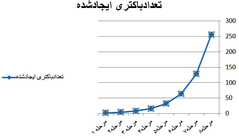 نمودار ۱-۱. نمودار خطی برای نمایش تولید باکتری‌ها در طول مراحل مختلف تقسیم دوتایی