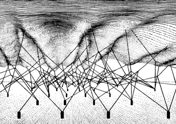 شکل ۳. منظر اپی ژنتیکی. گلوله در تصویر بالا درنهایت می‌تواند در یکی از چهار فرورفتگی این منشر آرام گیرد. شکل این منظر حاصل بر هم کنش محصولات ژن‌هاست (شکل پایین)