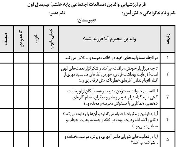 فرم ارزشیابی والدین