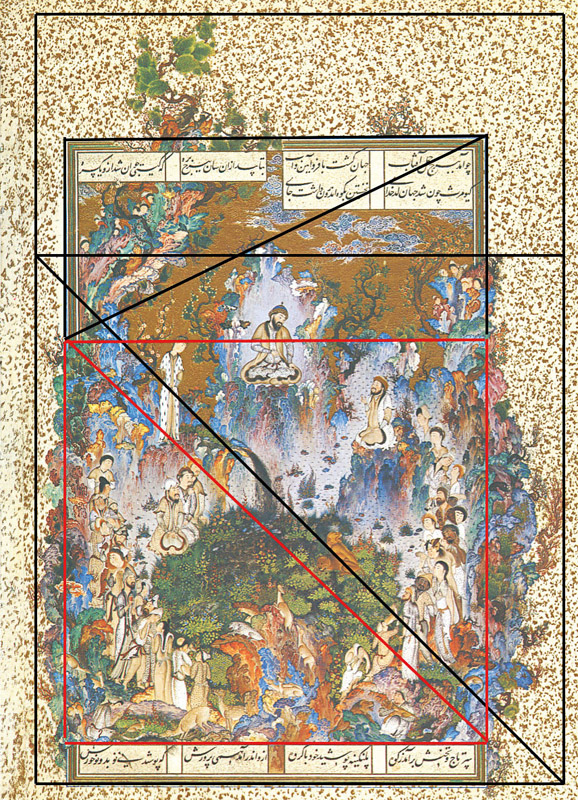ترکیب‌ بندی هندسی نگاره بارگاه کیومرث اثر سلطان محمد