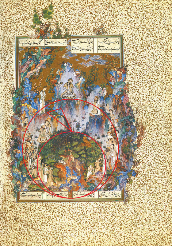 ترکیب‌ بندی هندسی نگاره بارگاه کیومرث اثر سلطان محمد