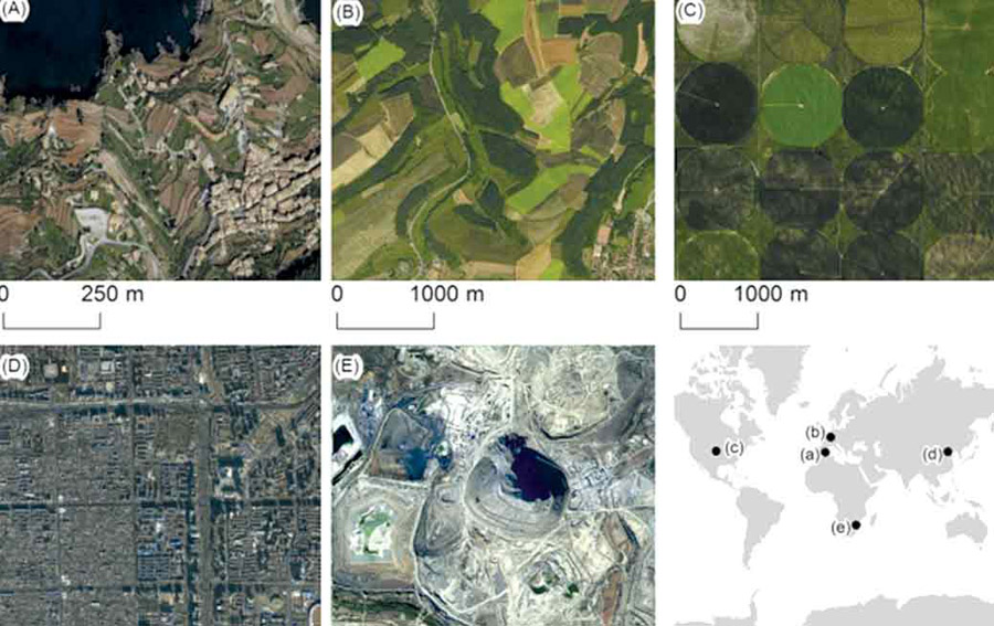 شکل ۱: عوارض ژئومورفیک فعالیت‌های انسانی: پلکان در اسپانیا (A)، قطعه [اراضی] کشاورزی در آلمان (B)، کشاورزی با آبیاری محور مرکزی در کانزاس آمریکا (C)، نواحی شهری در چین (D) و معدن در آفریقای جنوبی (E)