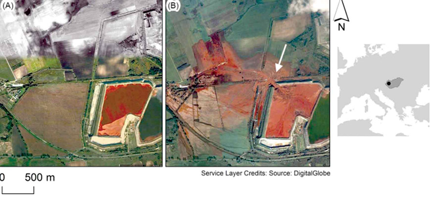 شکل ۶: معدن آلومینیم آجکا در غرب مجارستان (A). در اکتبر سال ۲۰۱۰ میلادی، گوشه شمال غربی سد مخزنی معدن فرو ریخت (فلش سفید در شکل)، حدود یک میلیون مترمکعب زباله‌های مایع از دریاچه گلی قرمز، رها شد (B)