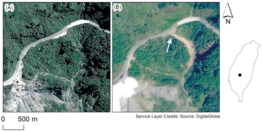 شکل ۷: جاده ناشی از زمین‌لغزش (فلش سفید در شکل) در تایوان. همان مکان در سال ۲۰۱۳ میلادی (A) و پس از زمین‌لغزش در سال ۲۰۱۴ (B)