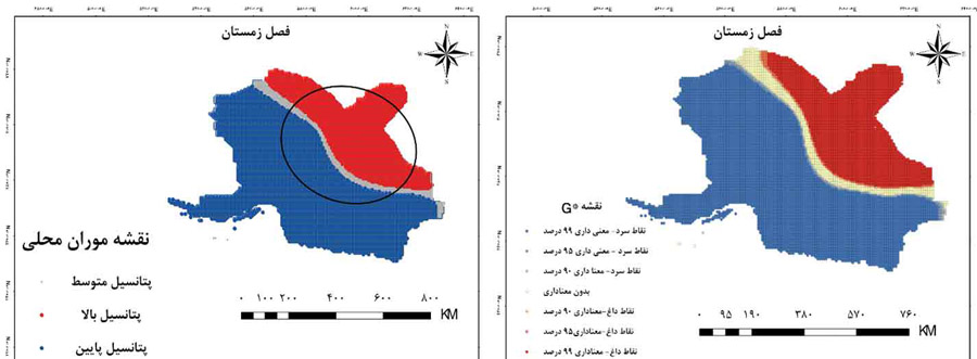 شکل ۶. شرایط خاص موران محلی (راست) و آماره‌ی G (چپ) در فصل زمستان